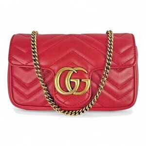 GUCCI Matalasse Super Mini GG Marmont Shoulder Bag Hibiscus Red Chain Strap
